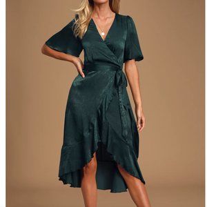 NWOT Lulu's Wrapped Up In Love Dark Green Satin Faux-Wrap Midi Dress Size M
